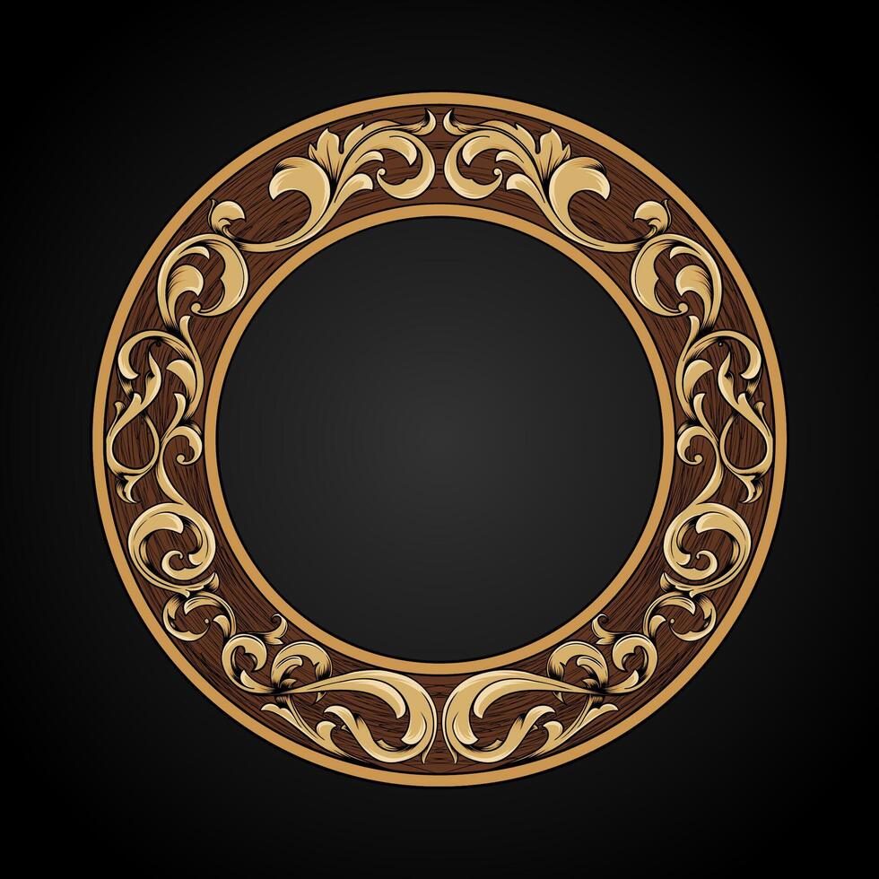 Round wooden vintage frame with classic gold carved ornaments. Luxury gold element border frame illustration vector