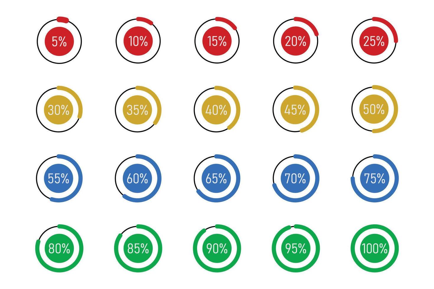 Set of circle percentage diagrams from 0 to 100 for infographics, lignt, 5 10 15 20 25 30 35 40 45 50 55 60 65 70 75 80 85 90 95 percent vector