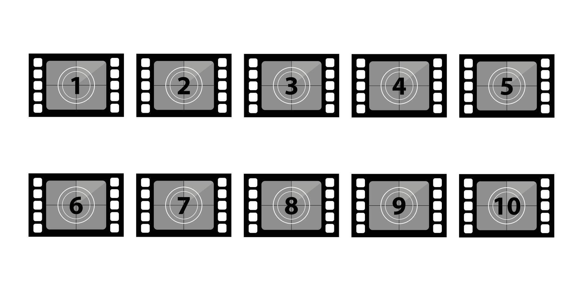 Set of countdown frame. Film countdown. Movie timer count. Retro cinema strip. Vintage timer count. vector