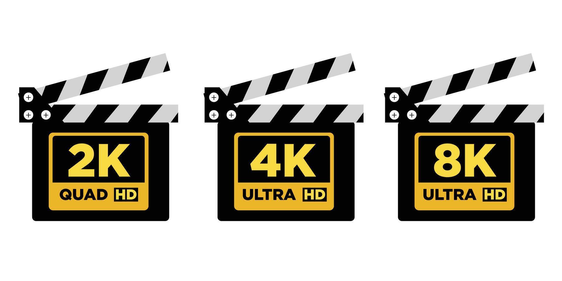 Set Logo 4K Ultra HD, 8k, 2k quad HD. Movie clapper and movie quality. TV quality. vector