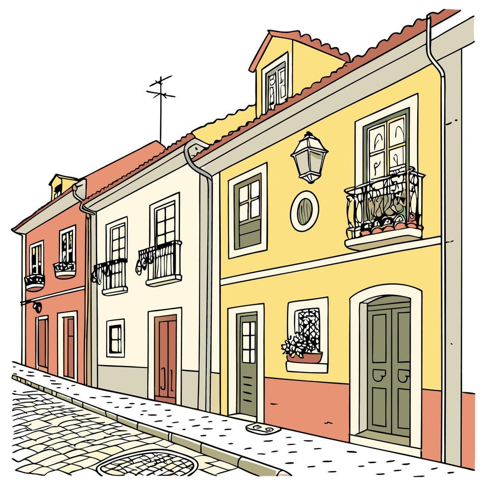 A row of colorful townhouses with unique facades, each painted bright and cheerful. Include small balconies, potted plants, and a cobblestone street on a white background vector