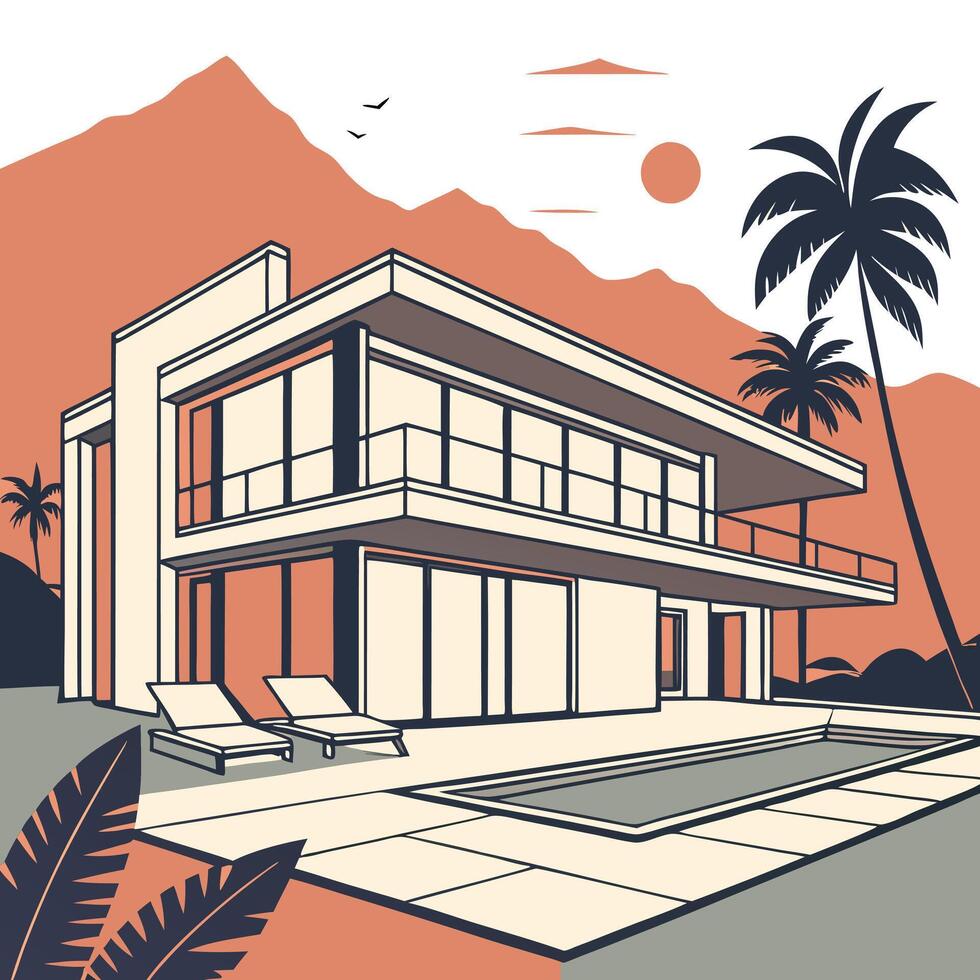 A modern luxury villa with floor-to-ceiling windows, a sleek rectangular pool, and lounge chairs in the front yard. The backdrop includes mountains and a sunset vector-style on a white background vector