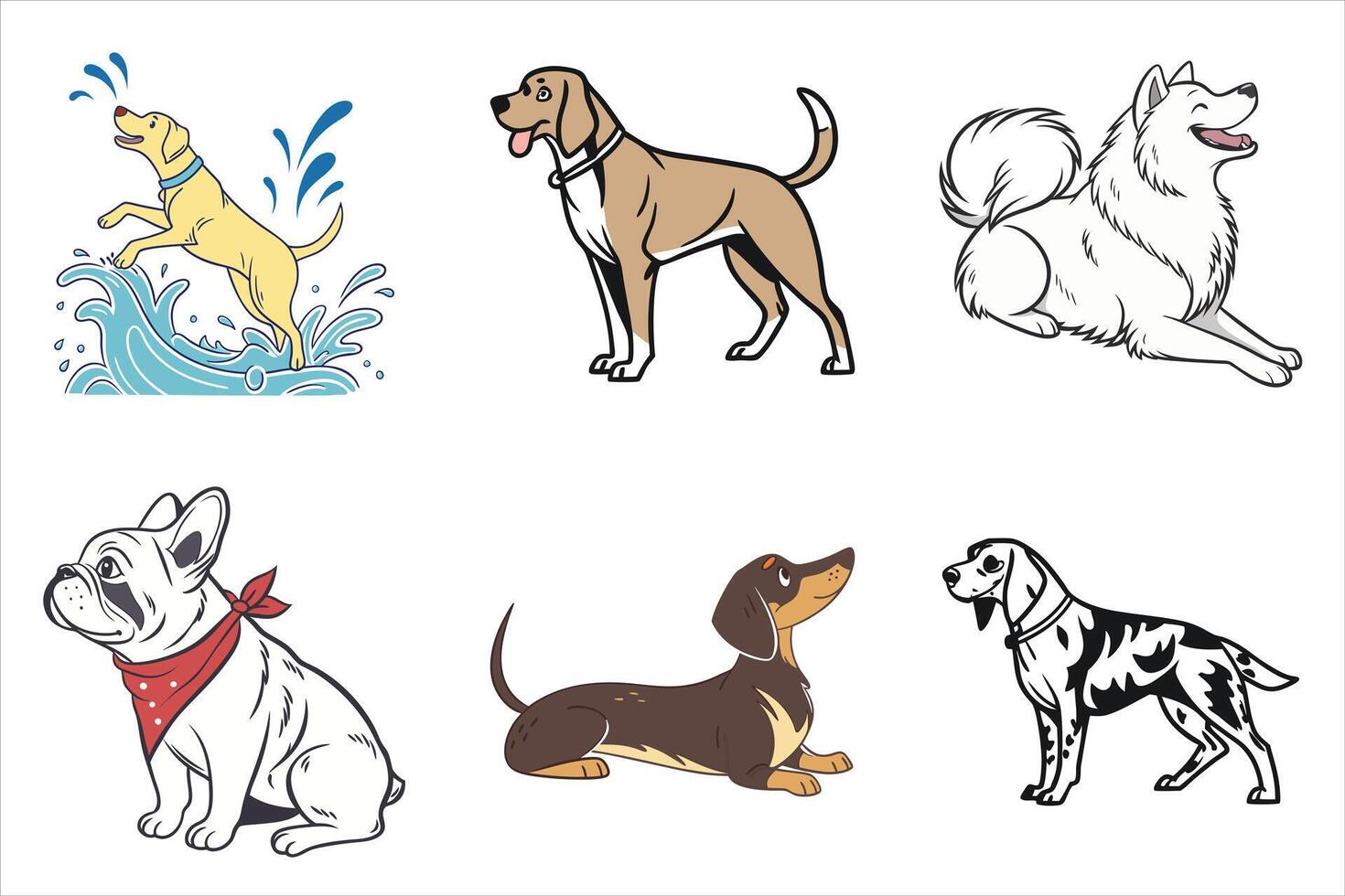 Illustration Set of Playful and Relaxed Dogs in Flat Design on White Background vector