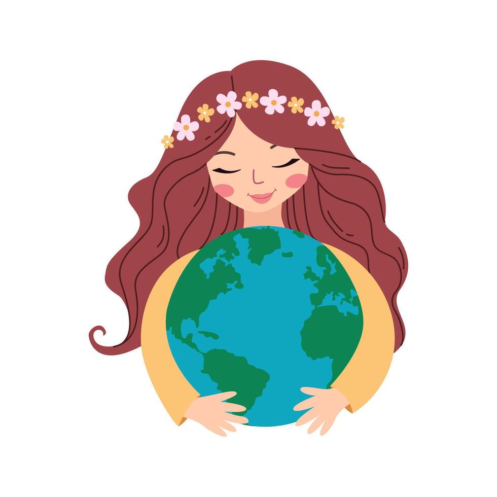 Earth day concept illustration. Girl holding the earth. Saving the planet, environment. Hand drawn illustration for poster, banner, print, web. vector