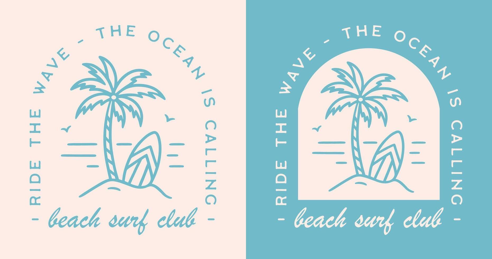Surf club surfing beach lover surfer squad group class logo badge the Ocean is calling ride the wave boho retro vintage blue aesthetic minimalist illustration text for shirt design sticker poster vector