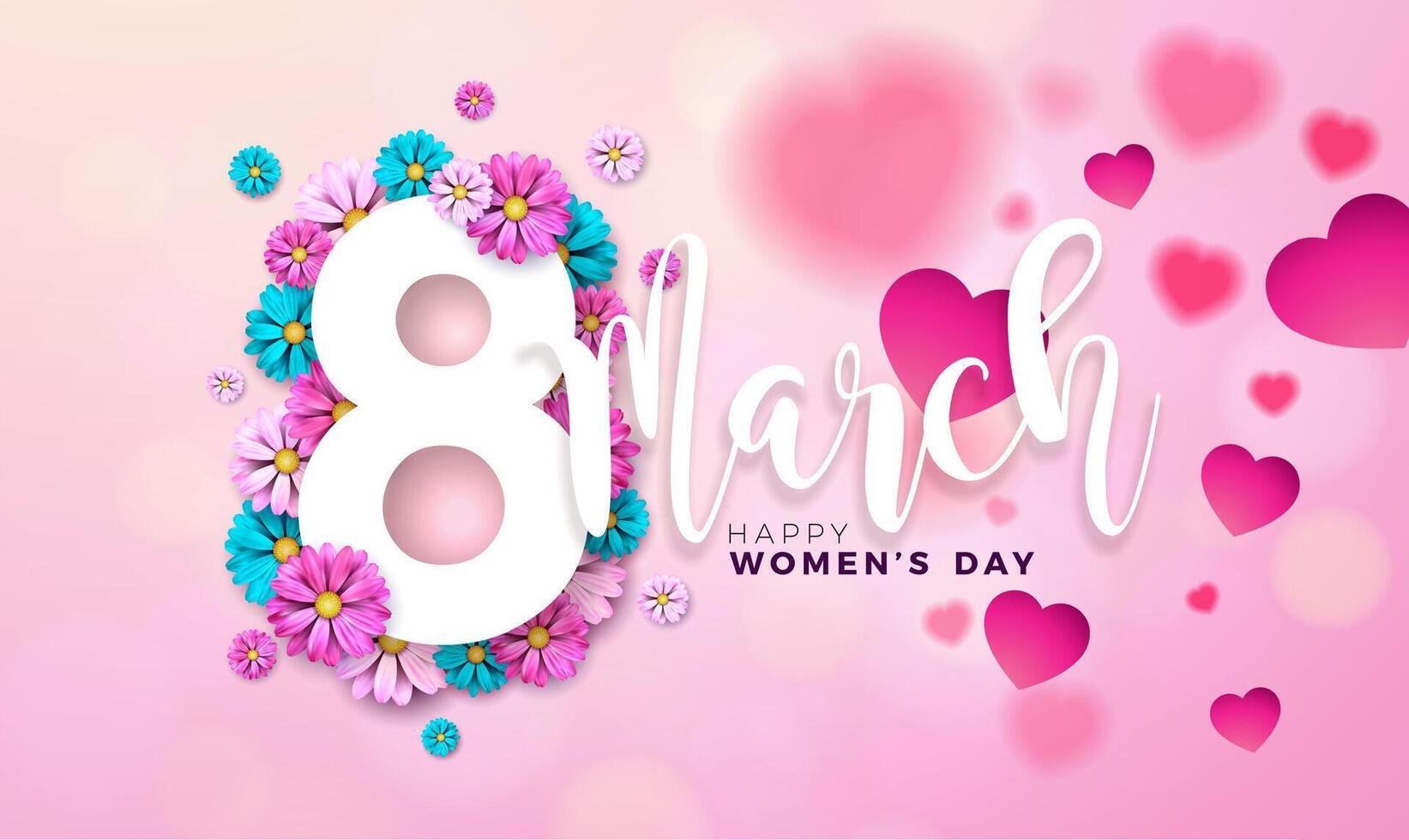 8 March. Happy Women's Day Floral Illustration. International Womens Day Design with Colorful Spring Flower and Number 8 on Light Pink Background. Woman or Mother Day Theme Template for Flyer vector