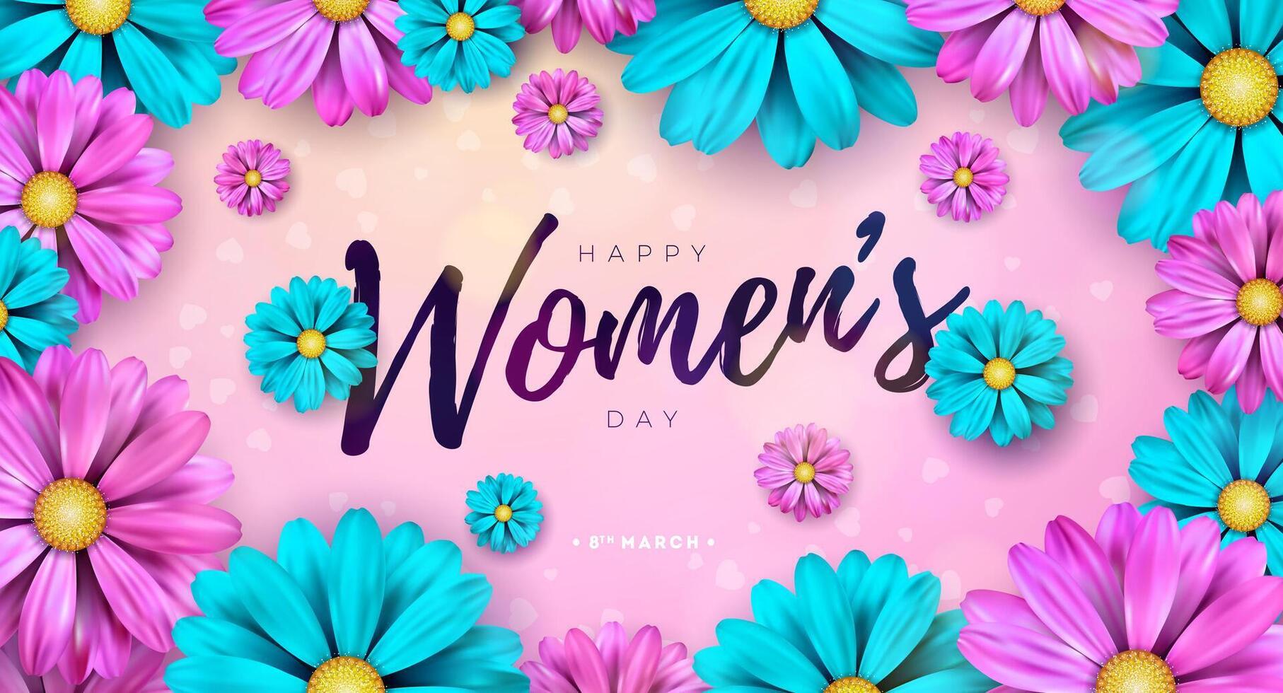 8 March. Happy Women's Day Floral Illustration. International Womens Day Design with Colorful Spring Flower and Typography Lettering on Light Pink Background. Woman or Mother Day Theme Template vector