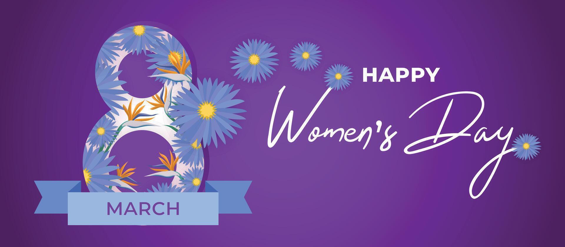 Happy Womens Day 8th March with Purple Floral Design and Celebration vector