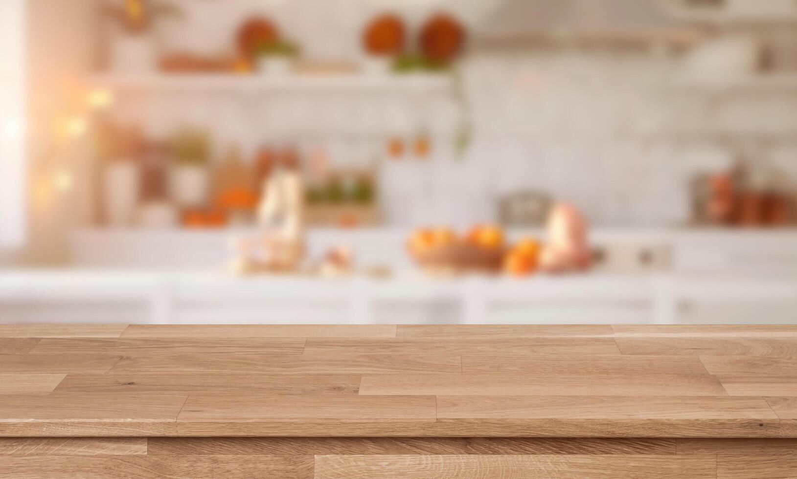 Wooden table top in front of blurred kitchen photo