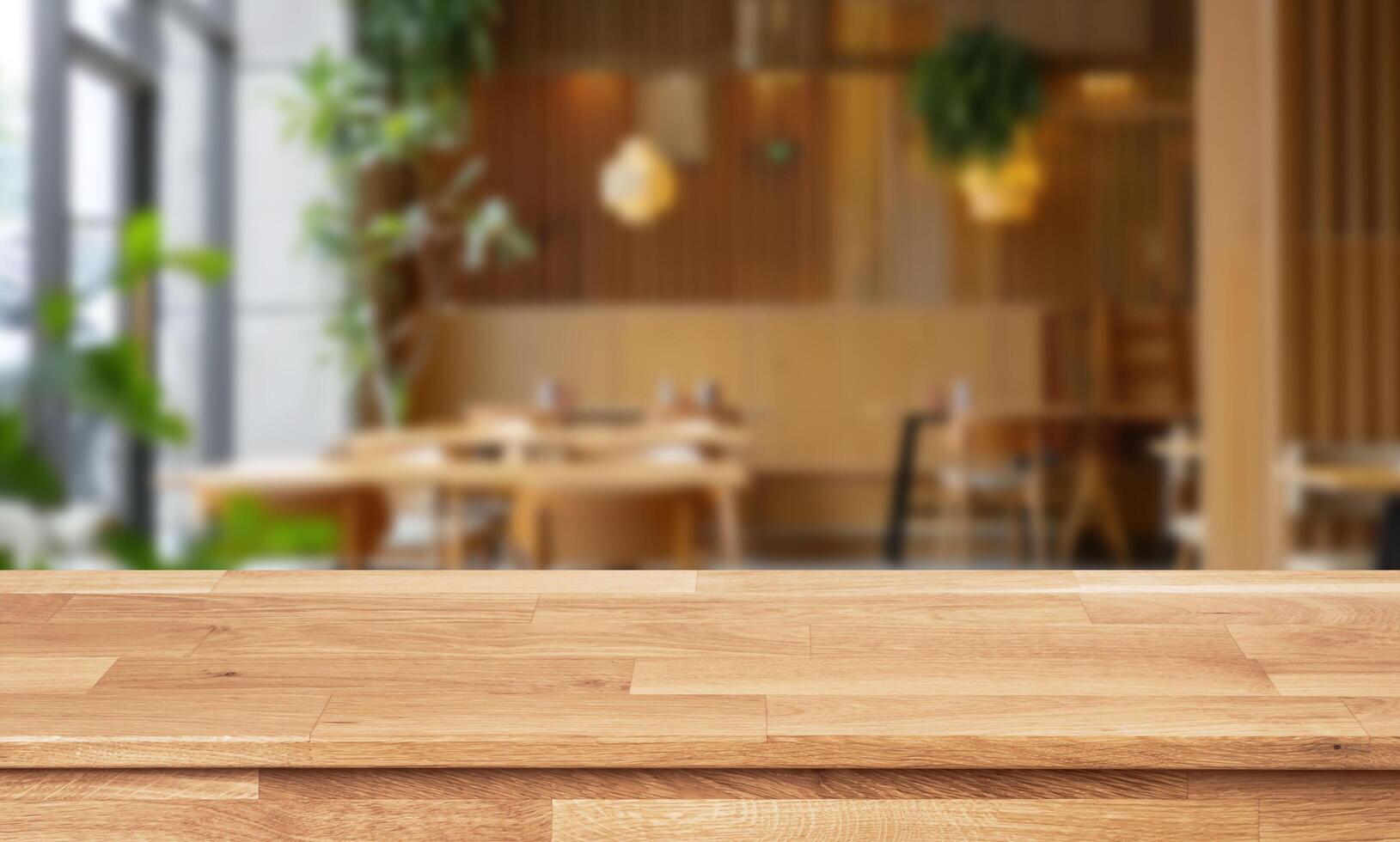 Empty wooden table top on a restaurant table photo