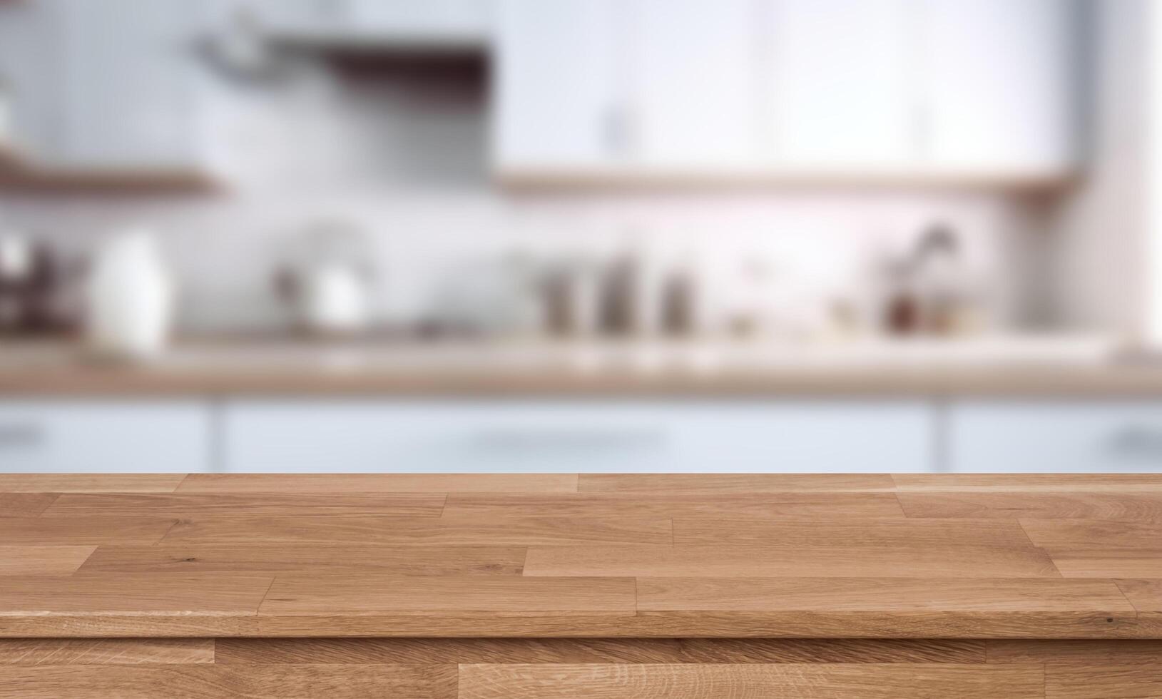 Wooden table top in kitchen with blurred background photo