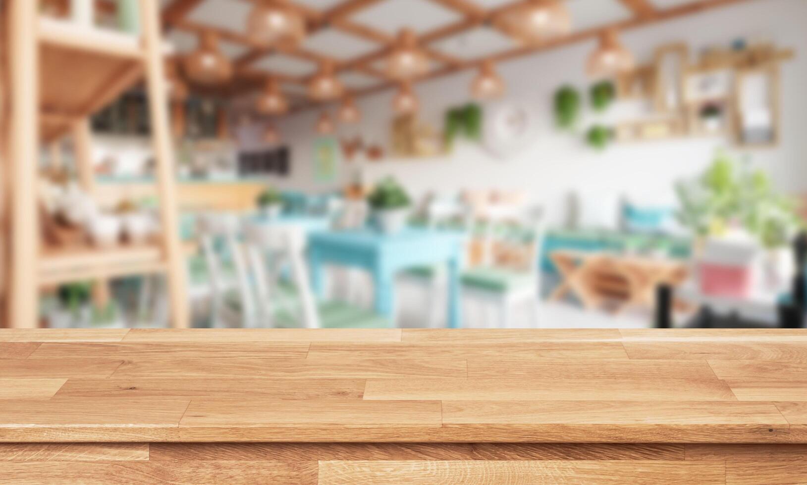 Table top over blurred restaurant interior photo