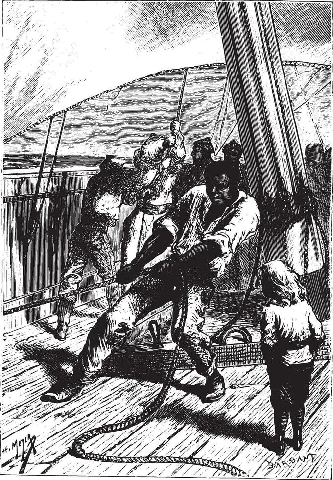 African sailor man on the ship, vintage engraving. vector