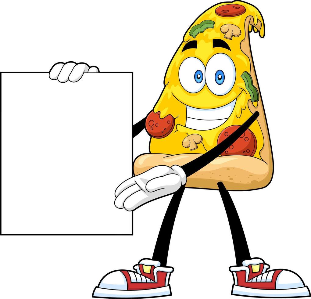 Smiling Pizza Slice Cartoon Character Present Blank Sign. Vector Hand Drawn Illustration