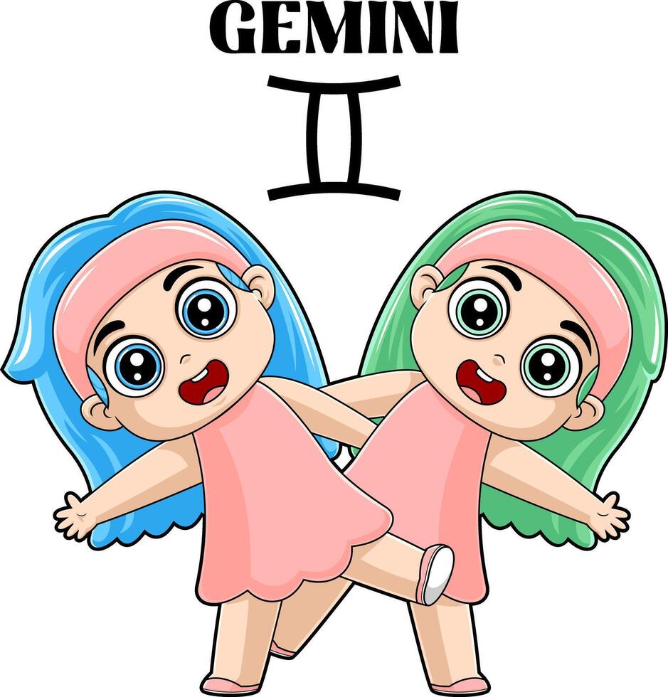 Gemini Cartoon Character Horoscope Zodiac Sign. Vector Hand Drawn Illustration