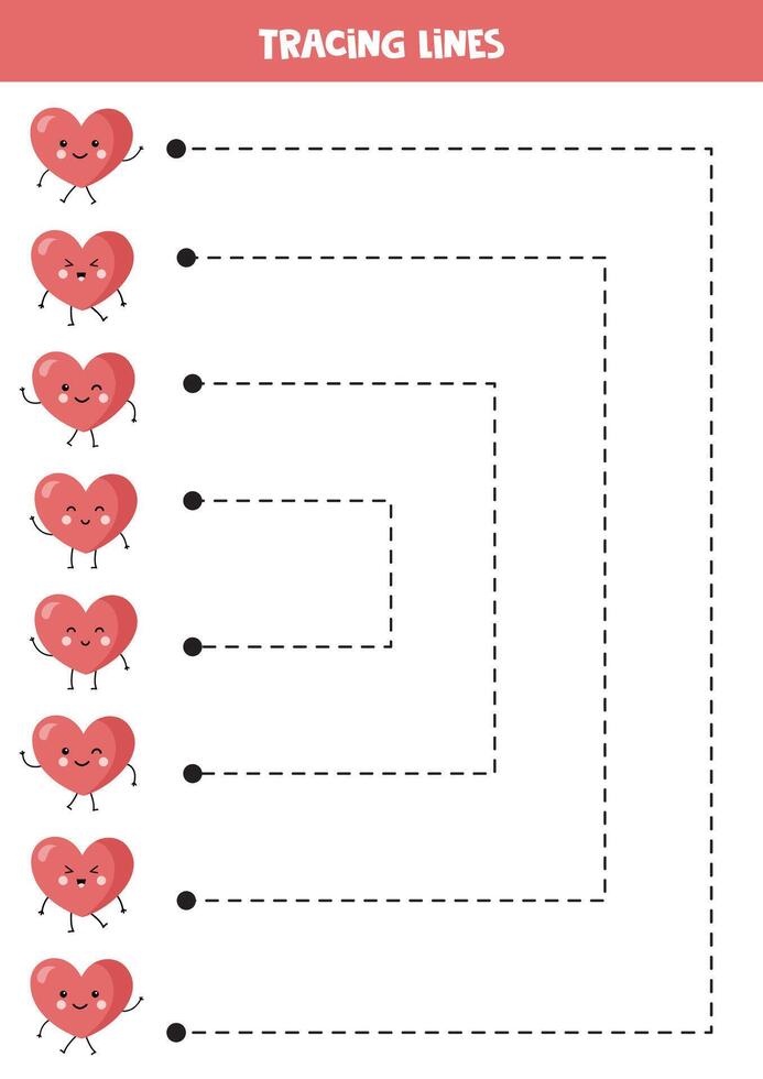 Tracing lines for kids. Cartoon pink kawaii hearts. Handwriting practice. vector