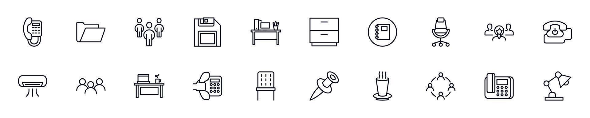 Office outline icons drawn with black thin line. Editable stroke. Simple linear illustration that can be used as a design element for apps and websites vector