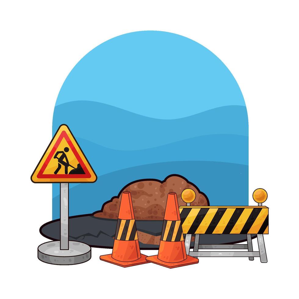 traffic cones and barriers in construction work illustration vector