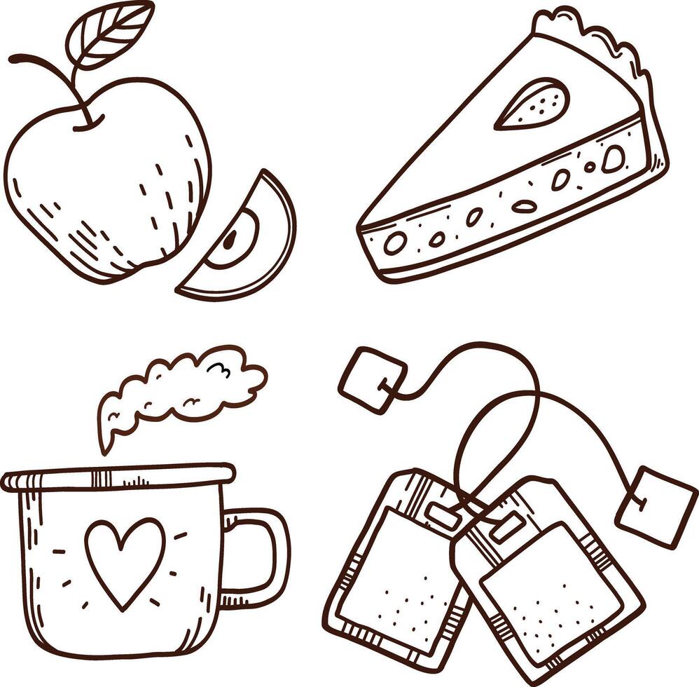 Cozy symbols, apple pie, food, warm clothes, apple, cocoa, tea. Drawn colored isolated on white. Comfortable lifestyle. Line drawing, graphics vector