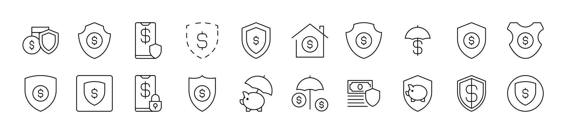 Money Dollar by Shield Outline Icon Collection. Editable Stroke. Perfect for Infographics, Articles, Books, Flyers, Banners vector