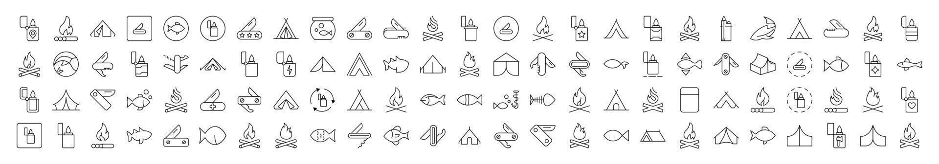 Camping and Hiking Isolated Pictures. Contains such Elements as Bonfire, Fish, Folding Knife, Tent, Lighter. It Can Be Used for Interface, Posts, Advertisements, Various Card vector