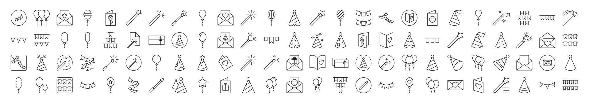 Collection of Holiday Related Line Icons. Editable Stroke for Design, Web Sites, Apps, Cards. Contains Linear Images of Balloons, Magic Wands, Postcards, Garlands, Holiday Hat vector