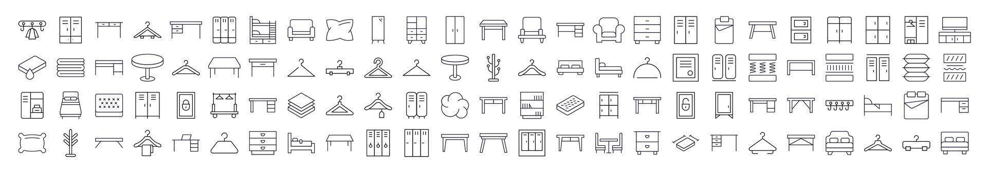 Furniture Line Icon Set. Contains Icons of Bed, Table, Mattress, Coat Hook that Can Be Used for Design of Cards, Posts, Apps, Web Sites vector