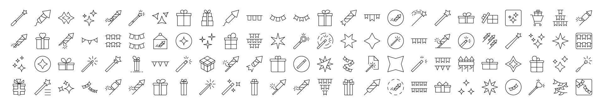Collection of Outline Symbols of Garlands, Magic Wand, Firework Drawn with Thin Line for apps, web sites, banners, infographics and other types of design vector