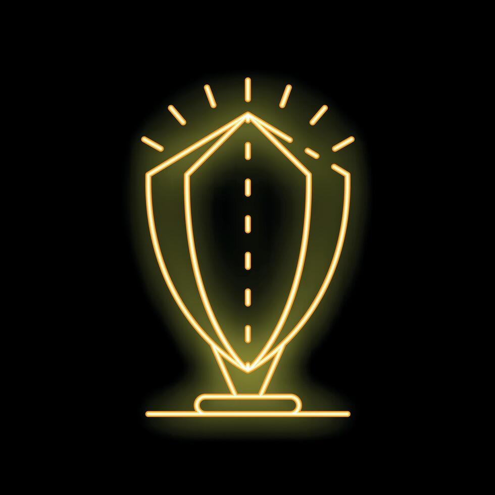 Glowing neon line award cup shield icon isolated on black background. Vector illustration