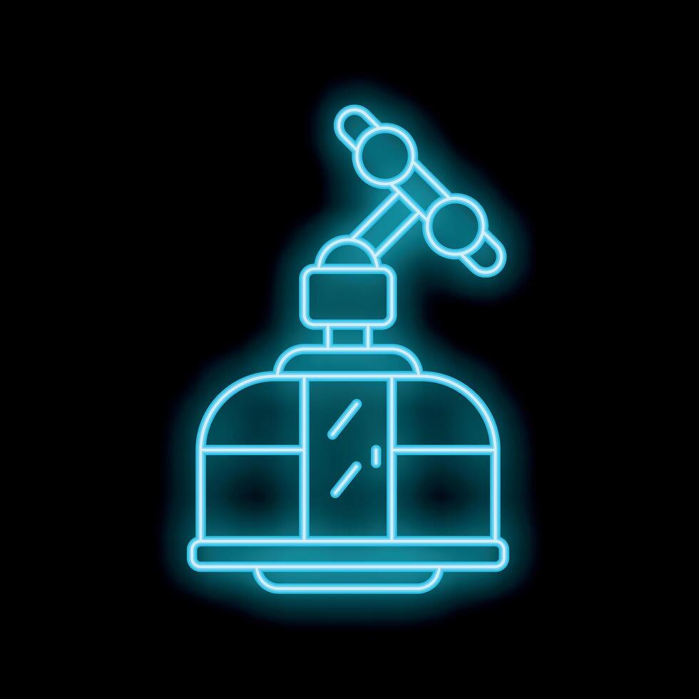 Neon icon of cable car moving on ropeway in mountains vector