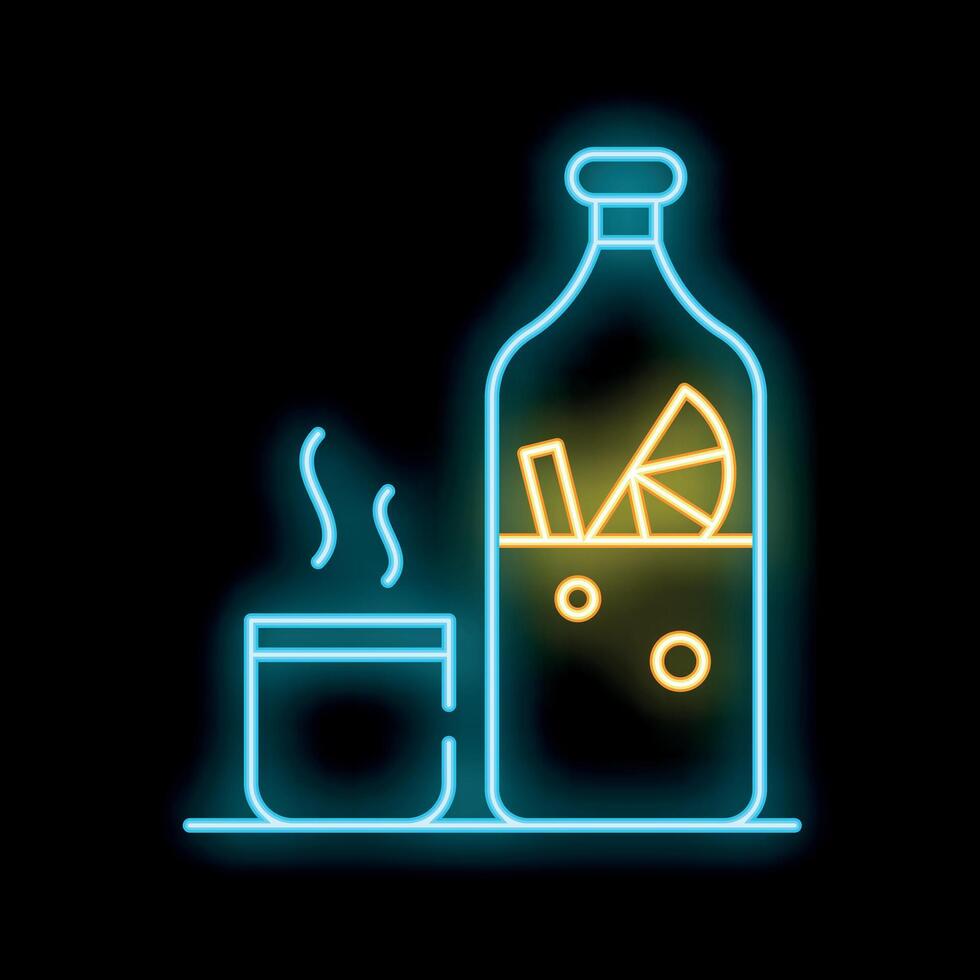 Neon sign showing bottle with hot drink and cup on black background vector