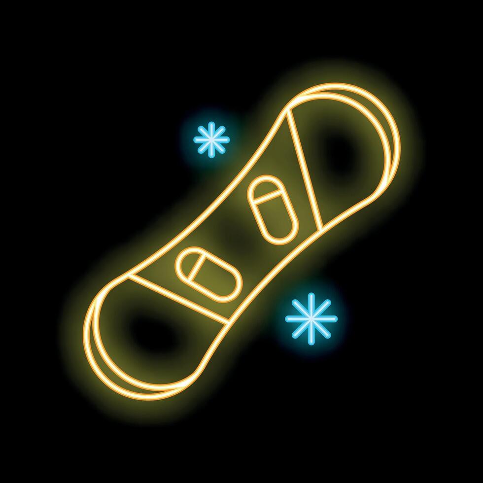 Neon sign representing snowboard with snowflakes on black background vector