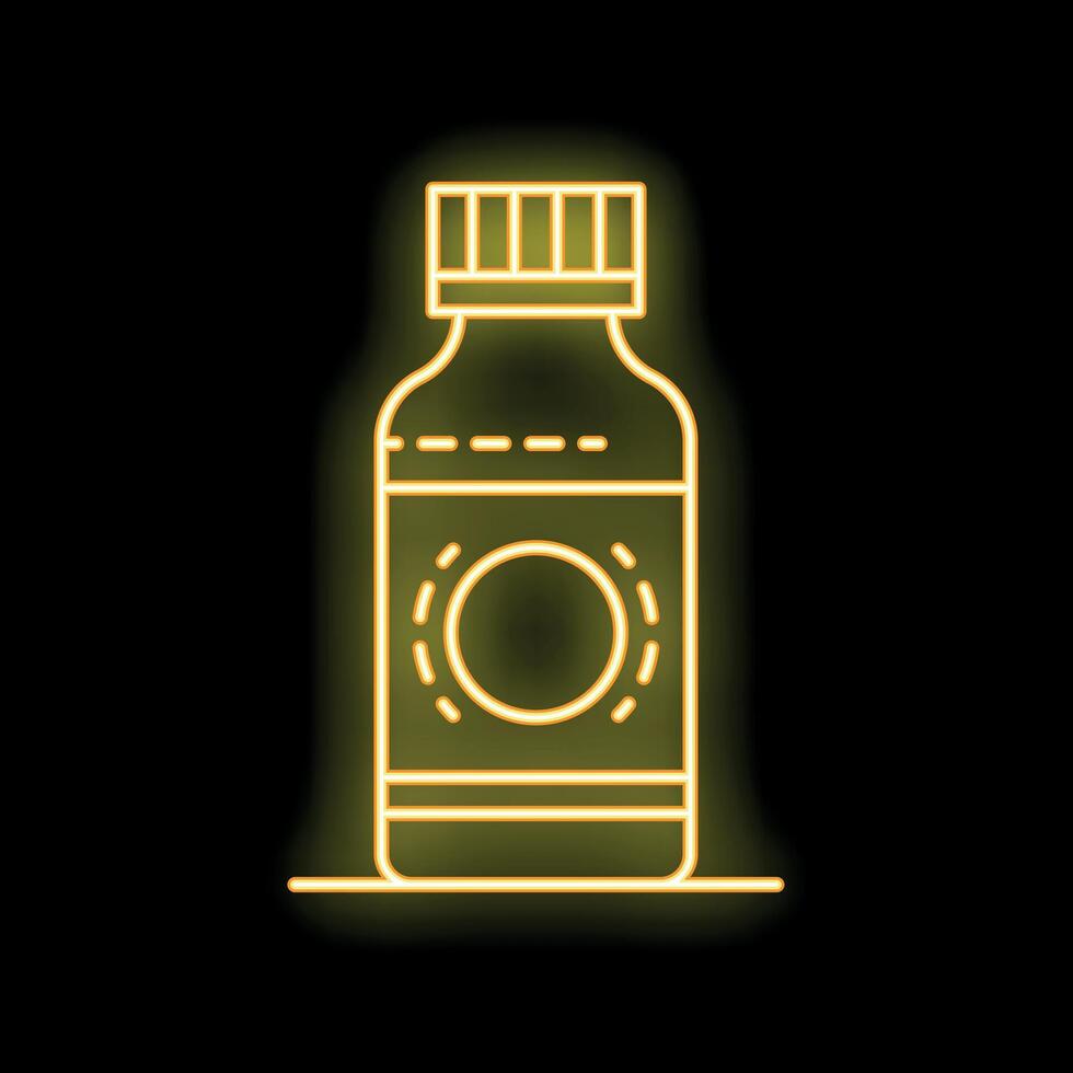 Glowing neon line medical bottle with pills icon isolated on black background vector illustration