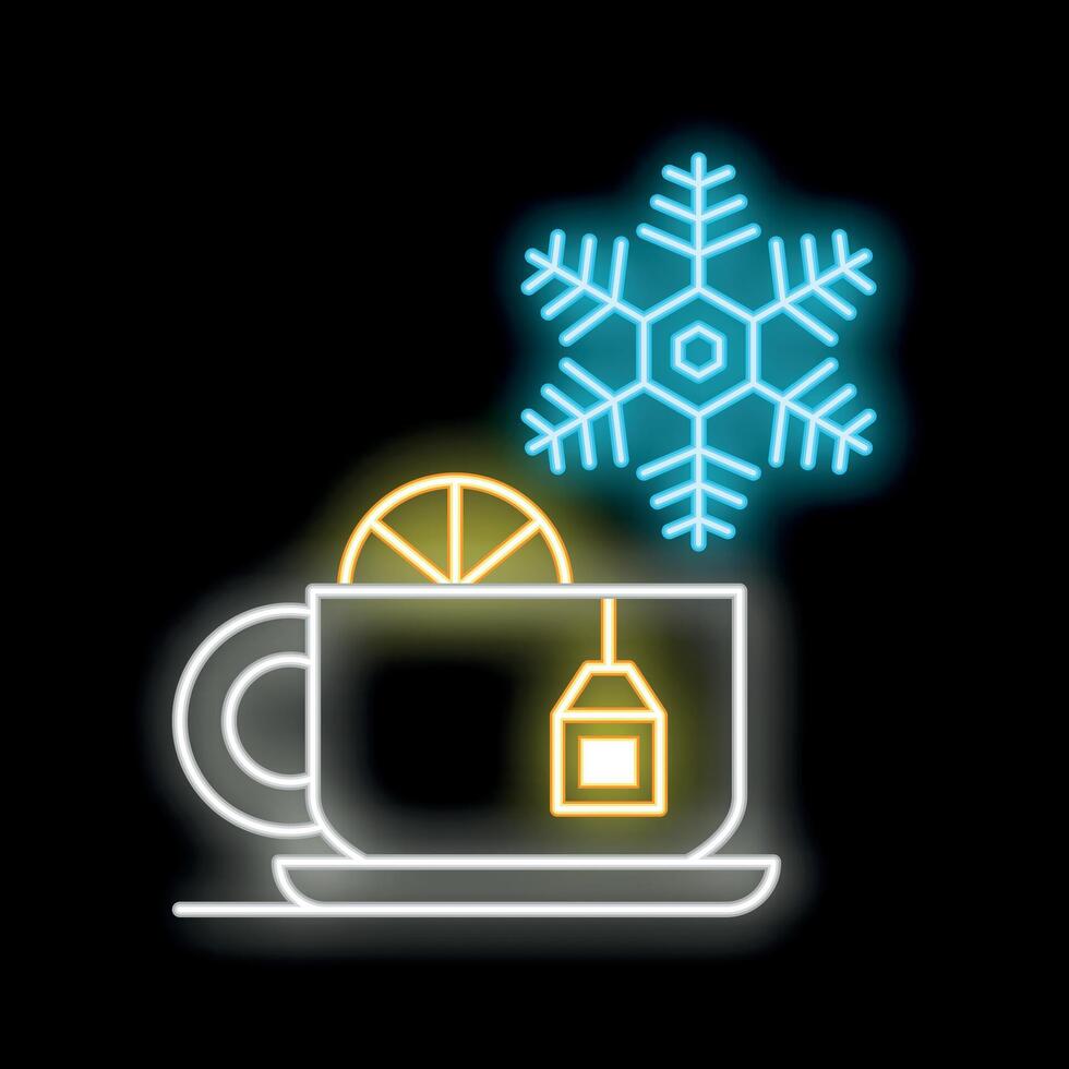 Neon sign of steaming hot cup of tea with lemon slice and snowflake for christmas season vector