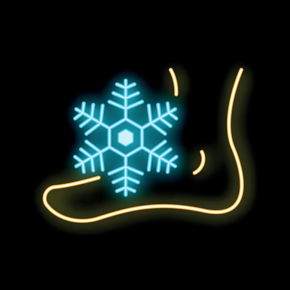Neon sign of a snowflake touching a foot symbolizing cold feet vector