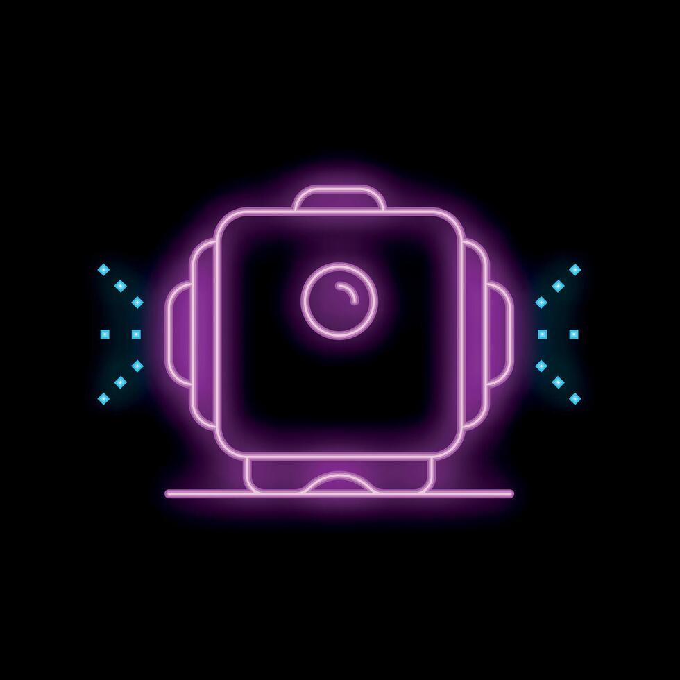 Neon action camera glowing icon with lens and buttons vector