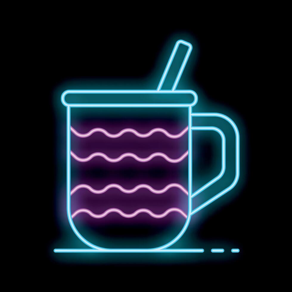 Neon mug with hot drink and straw glowing on dark background vector
