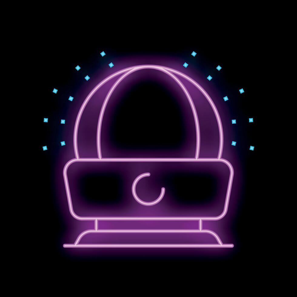 Glowing neon sign depicting a spherical pet carrier with a moon icon on a black background vector