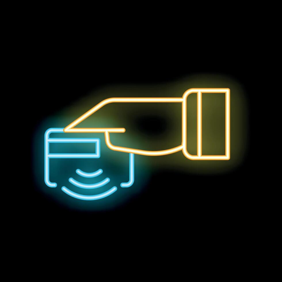 Hand holding credit card near nfc payment terminal neon sign vector
