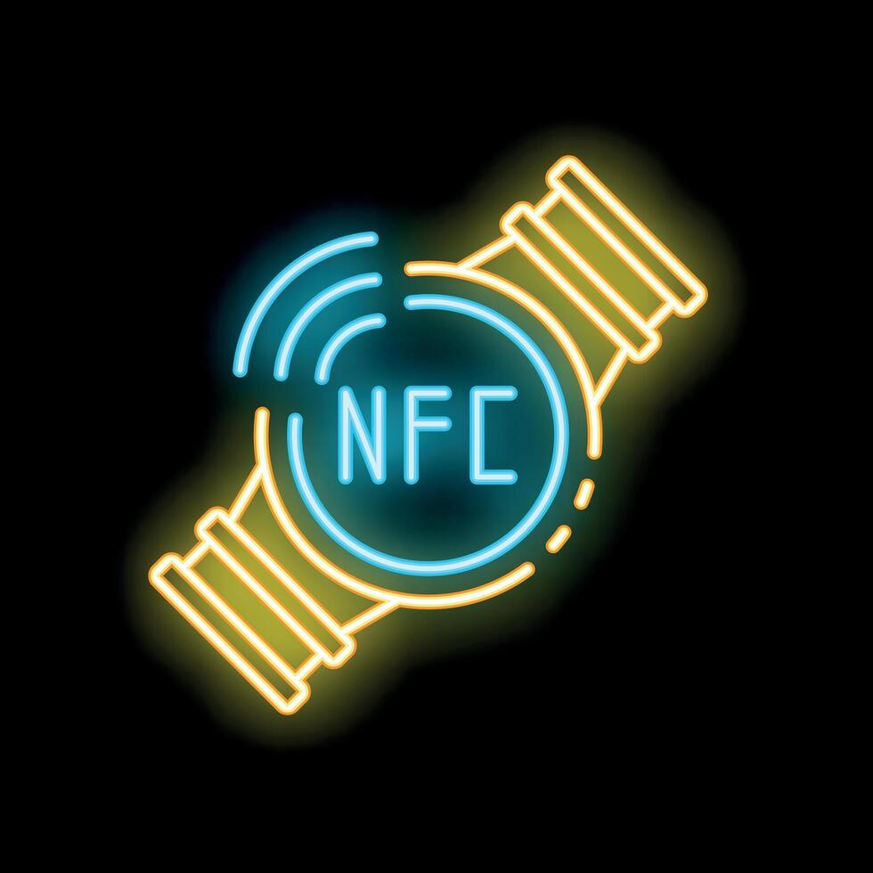 Neon icon of smartwatch with nfc function displaying wireless connection vector