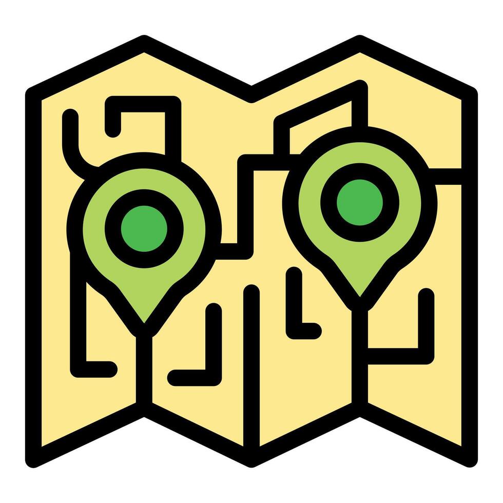 Paper map showing route between two points marked with location pins vector
