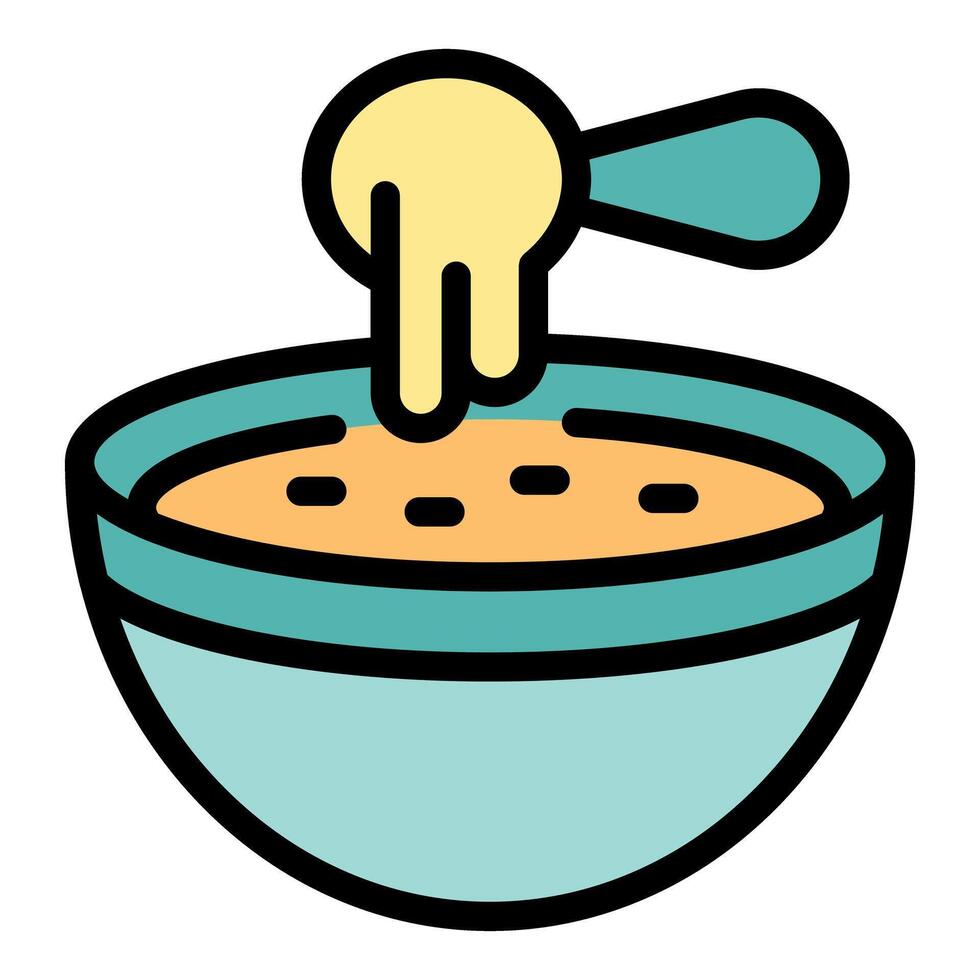 Spoon pouring creamy soup in bowl icon vector