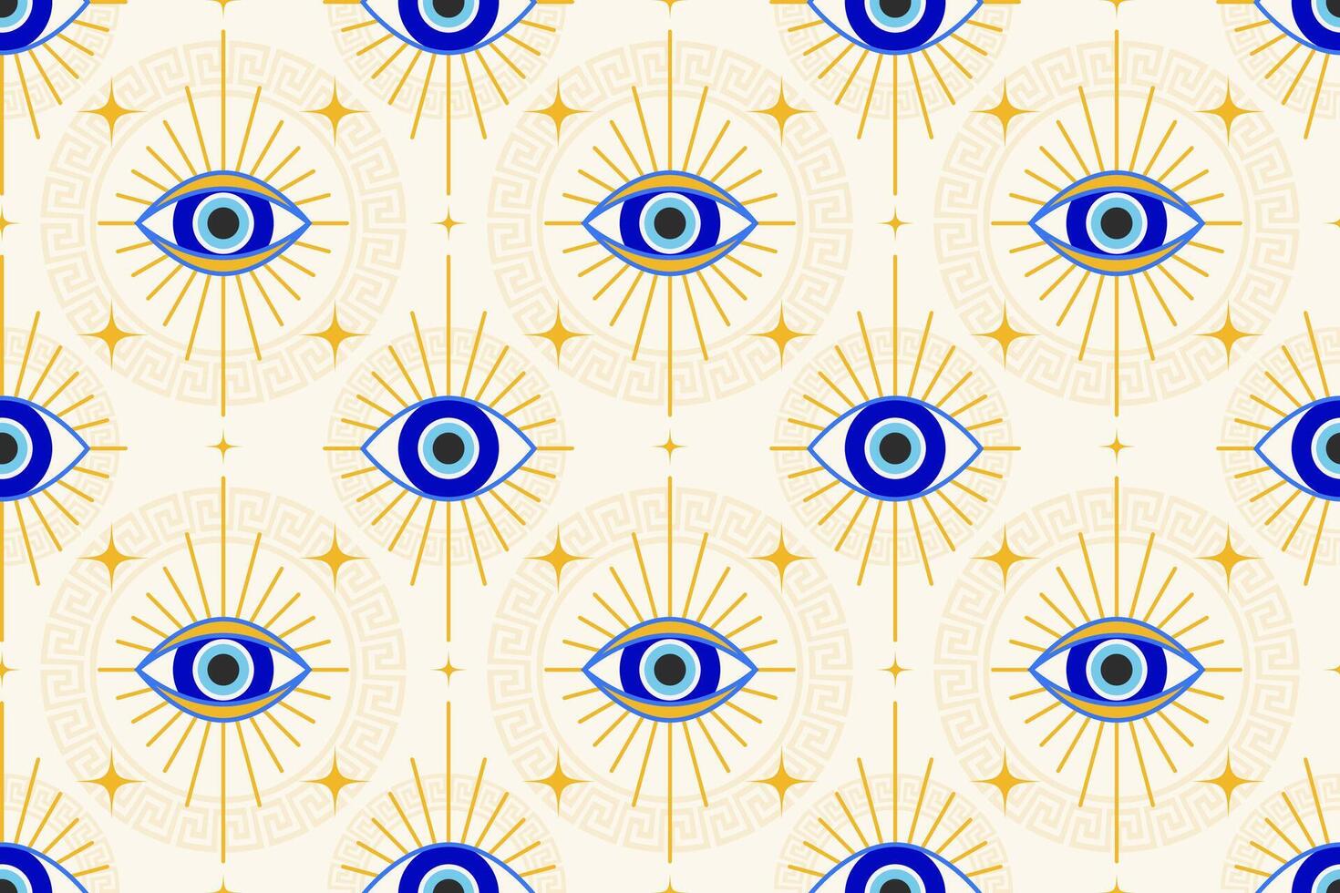 Evil eye seamless pattern. Turkish background with blue beads and magic nazar. Mystic Greek amulet is the symbol of protection and luck. Mediterranean Arabic ethnic wallpaper. vector