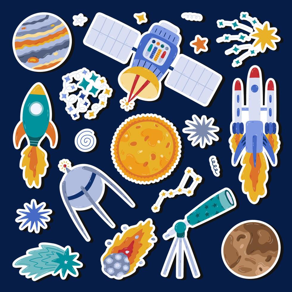 Cute cartoon astronomy sticker set for planners, notebooks. Ready for print list of childish stickers with spaceship, satellite, the Sun, asteroid, planet, rocket, falling star. Scrapbook layout. vector