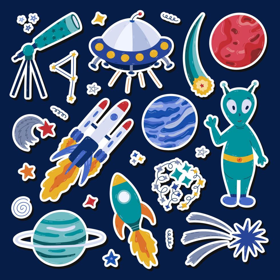 Cute cartoon sticker set about space, astronomy for planners, notebooks. Ready for print list of childish stickers with clipart of UFO, alien, spaceship, rocket, telescope, Mars. Diary layout. vector