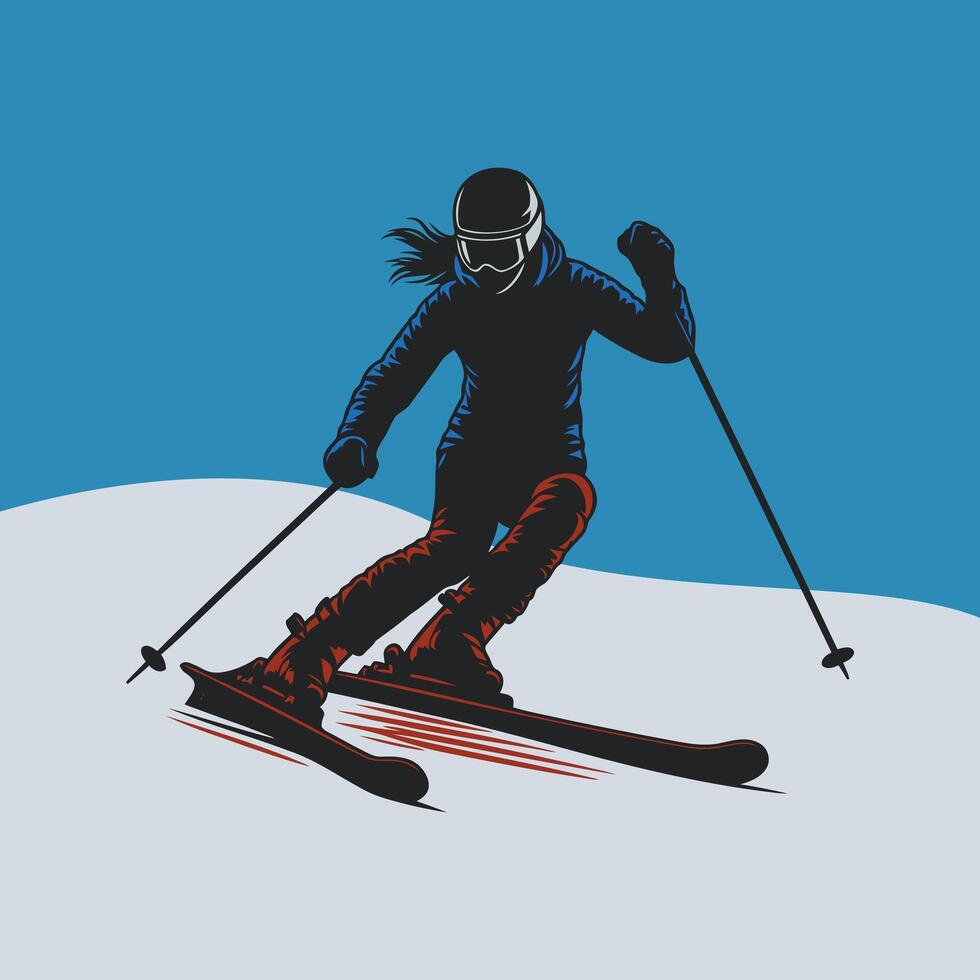 A Woman Is Skiing Down On A Hill Of Snow. vector