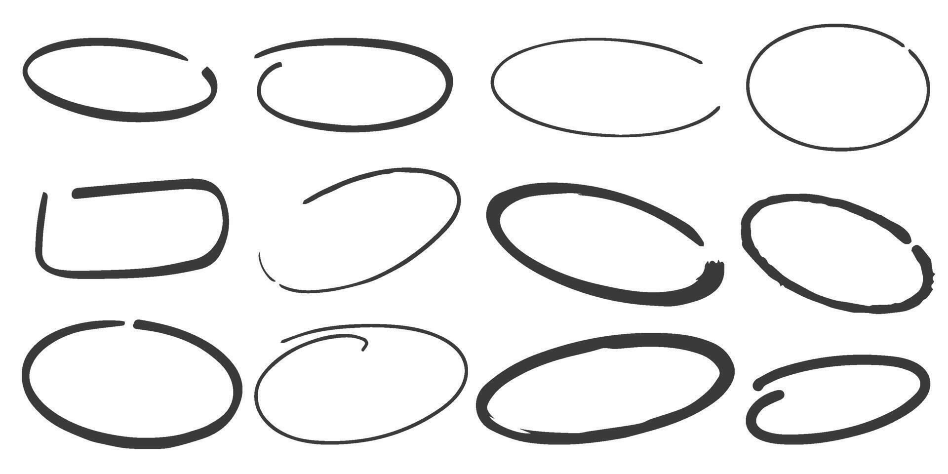 Highlight pen line. Hand drawn circle underline sketch. Oval pencil stroke. Doodle mark scribble. Ellipse and round emphasis. Elements set vector