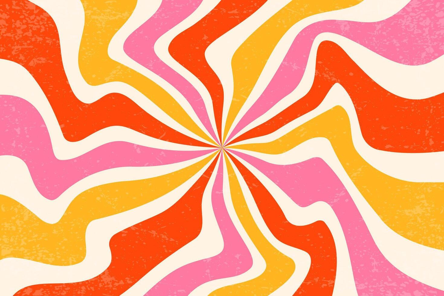 Retro groovy spiral background. Swirl sunburst pattern with grainy texture. Wavy radial sunrays bg. Strawberry pink and orange psychedelic stripes. 70s funky vortex disco style illustration. vector