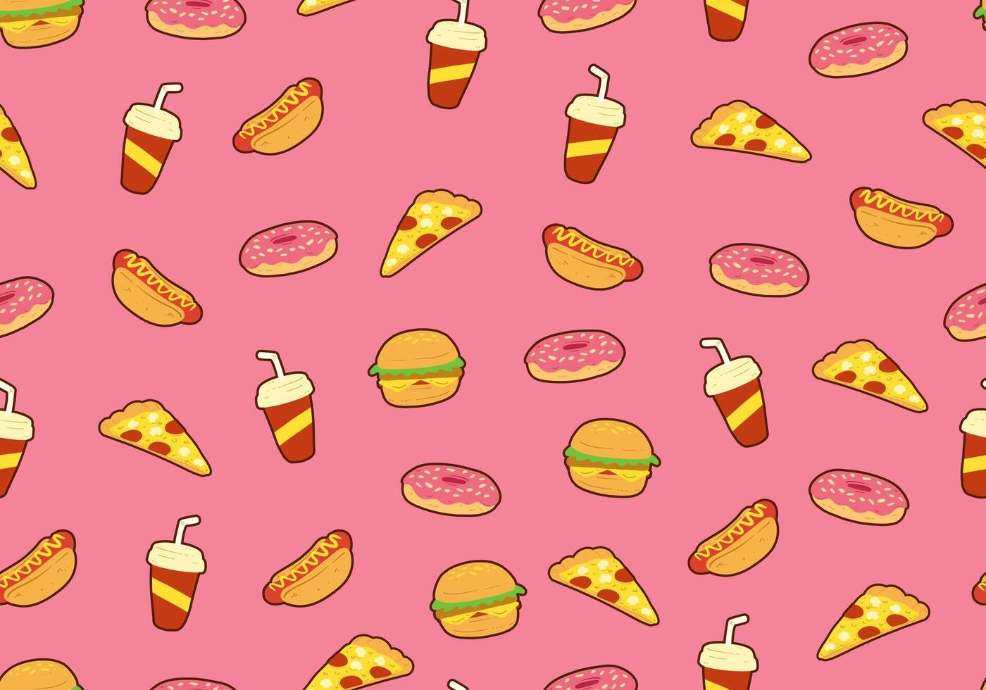 fast food menu illustration seamless pattern background with burger, pizza slice, soda drink, hotdog and donuts vector