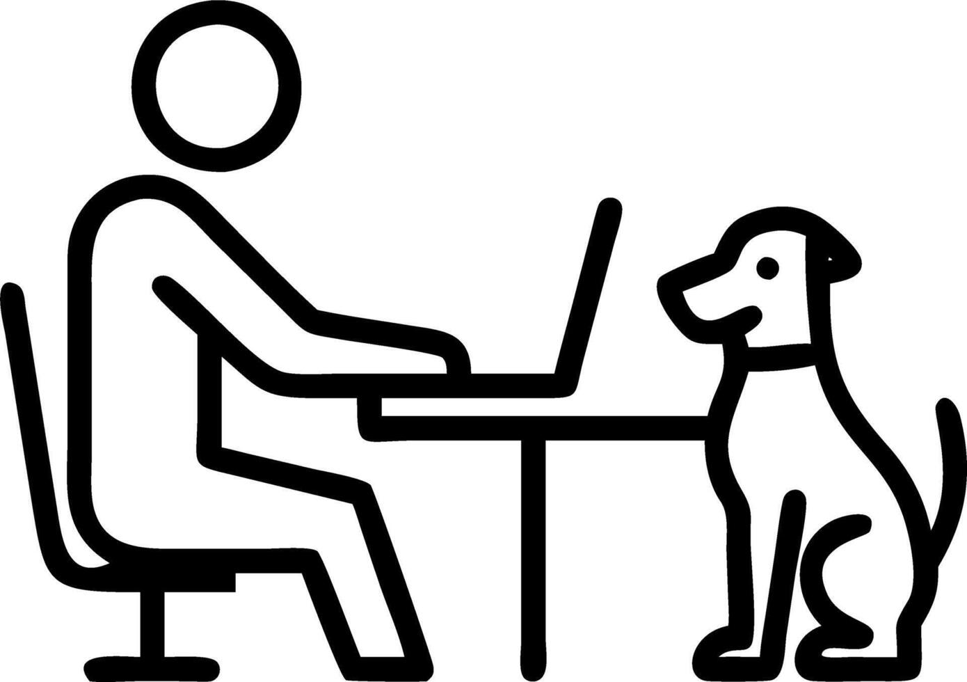 A man happily working with his dog by his side in his home office vector
